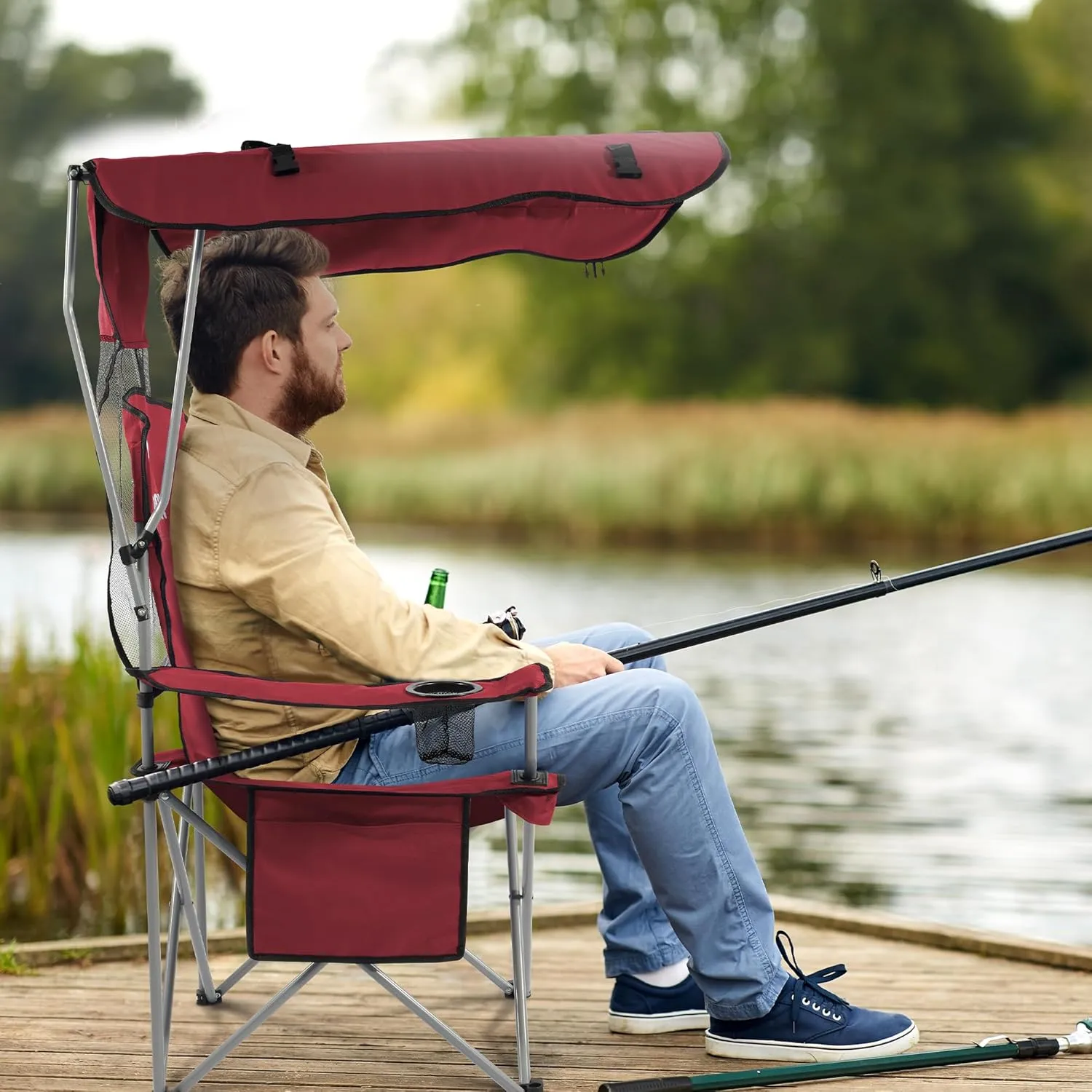 Camping Chair, Oversized Folding Chair with Canopy, Portable Outdoor Chair with Arms, Cup Holder and Carry Bag for Camping, Fishing, Beach, and Sports, Burgundy