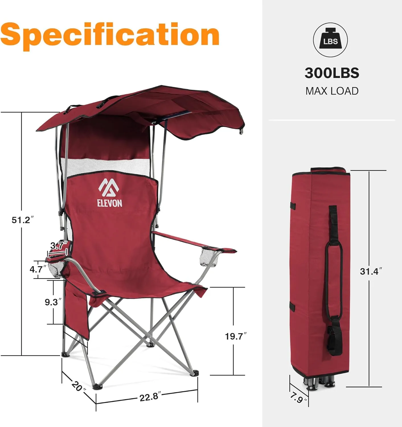 Camping Chair, Oversized Folding Chair with Canopy, Portable Outdoor Chair with Arms, Cup Holder and Carry Bag for Camping, Fishing, Beach, and Sports, Burgundy