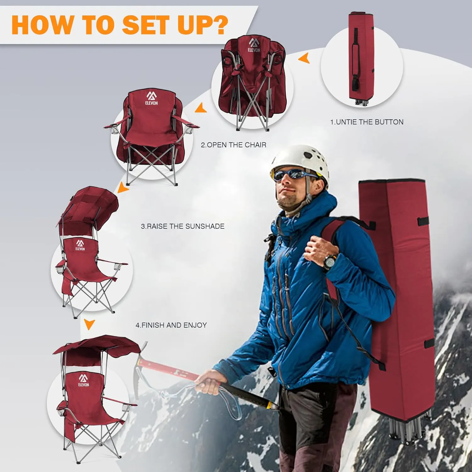 Camping Chair, Oversized Folding Chair with Canopy, Portable Outdoor Chair with Arms, Cup Holder and Carry Bag for Camping, Fishing, Beach, and Sports, Burgundy