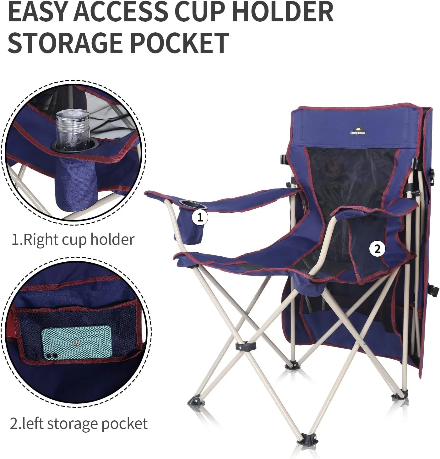 Camping Chair with Canopy - Beach Chair with Shade for Outdoor Use, Adjustable Sunshade, Cup Holder, Side Pockets - Heavy Duty Folding Chair with Canopy Supports 330 lbs (Navy)