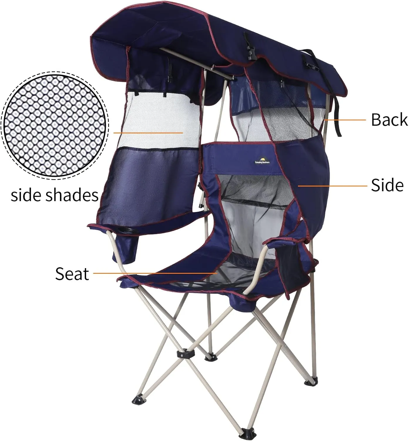 Camping Chair with Canopy - Beach Chair with Shade for Outdoor Use, Adjustable Sunshade, Cup Holder, Side Pockets - Heavy Duty Folding Chair with Canopy Supports 330 lbs (Navy)