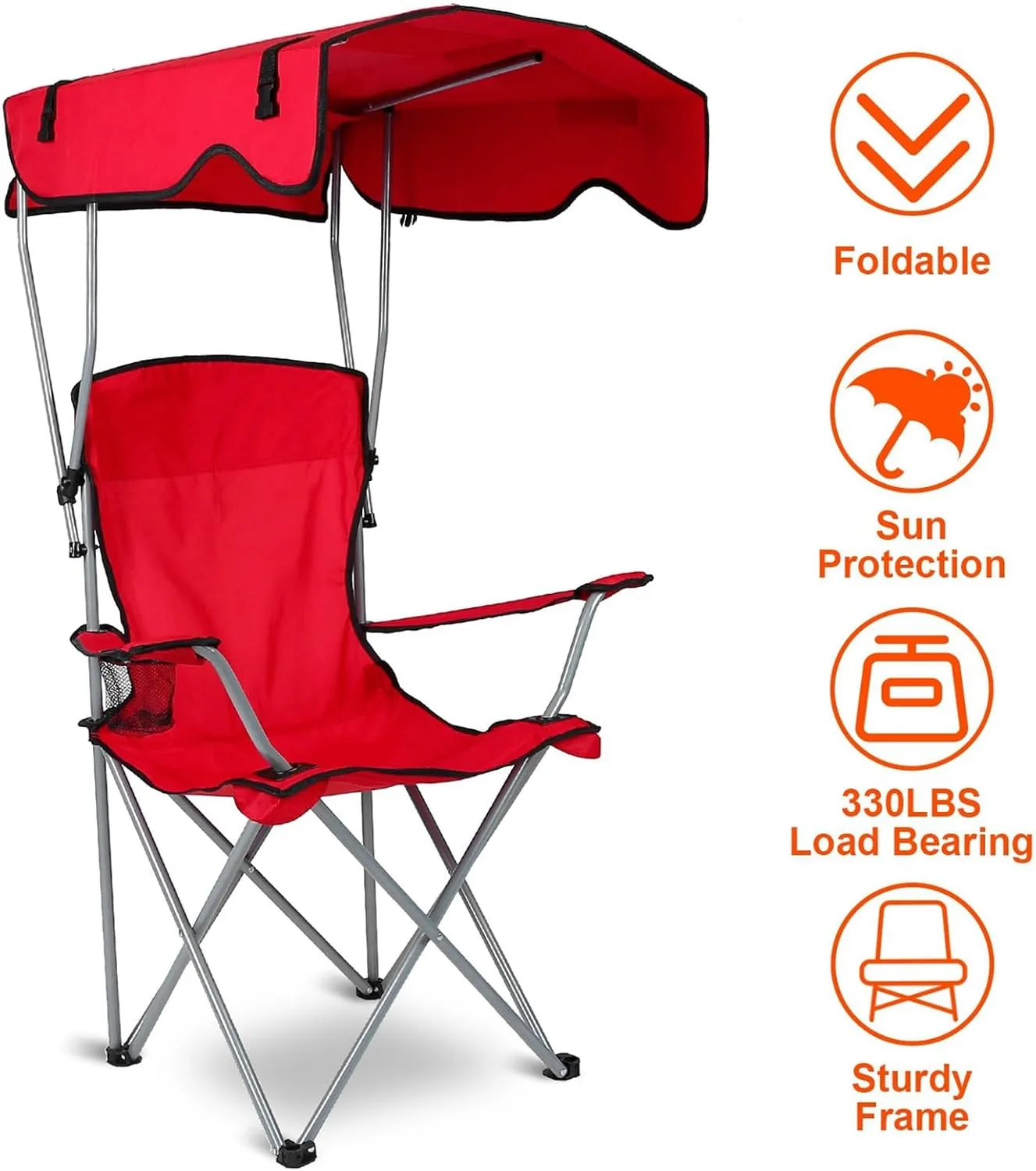 Camping Chair with Canopy, Outdoor Folding Canopy Chair with Shade & Cup Holder for Outdoor Sports, Portable Lawn Chairs for Camping Beach Tailgates Fishing, Support 330 LBS