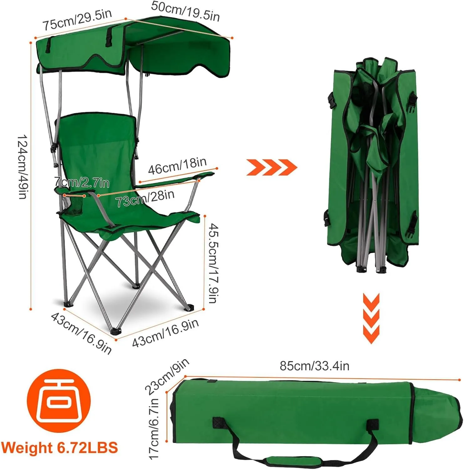 Camping Chair with Canopy, Outdoor Folding Canopy Chair with Shade & Cup Holder for Outdoor Sports, Portable Lawn Chairs for Camping Beach Tailgates Fishing, Support 330 LBS