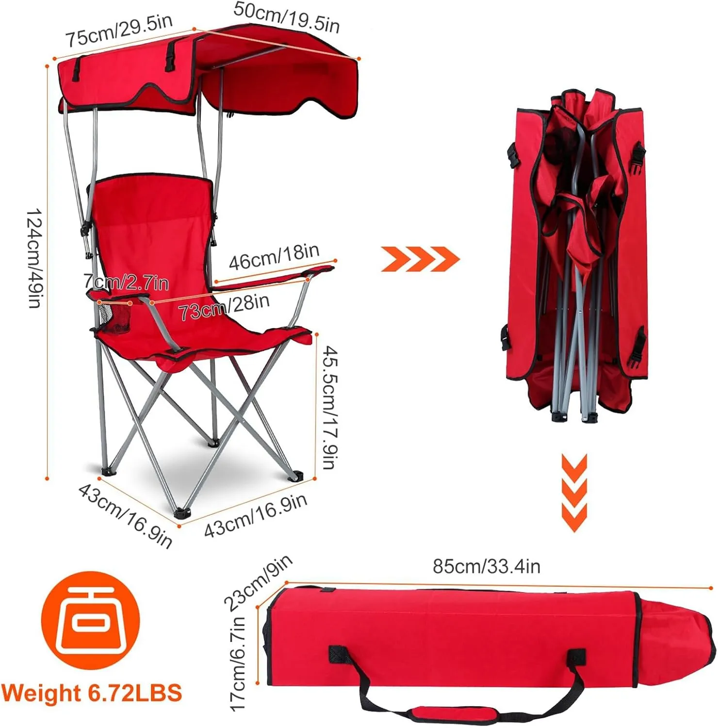 Camping Chair with Canopy, Outdoor Folding Canopy Chair with Shade & Cup Holder for Outdoor Sports, Portable Lawn Chairs for Camping Beach Tailgates Fishing, Support 330 LBS