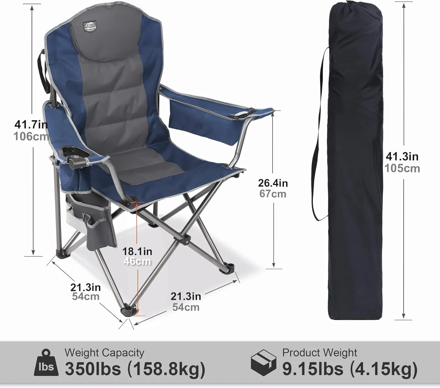 Camping Chairs for Adults,High Back Outdoor Folding Padded Heavy Duty Lawn Chairs w/Cup Holder,Cooler Bag,Wine Glass Holder,Perfect for Adults Beach Trips,Blue