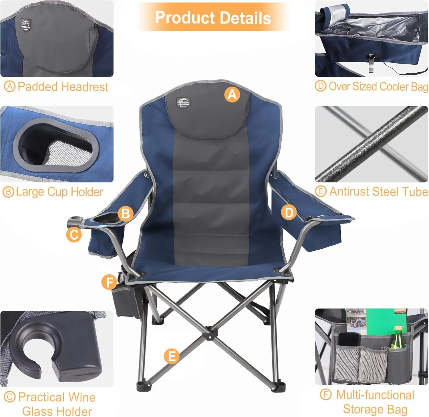 Camping Chairs for Adults,High Back Outdoor Folding Padded Heavy Duty Lawn Chairs w/Cup Holder,Cooler Bag,Wine Glass Holder,Perfect for Adults Beach Trips,Blue