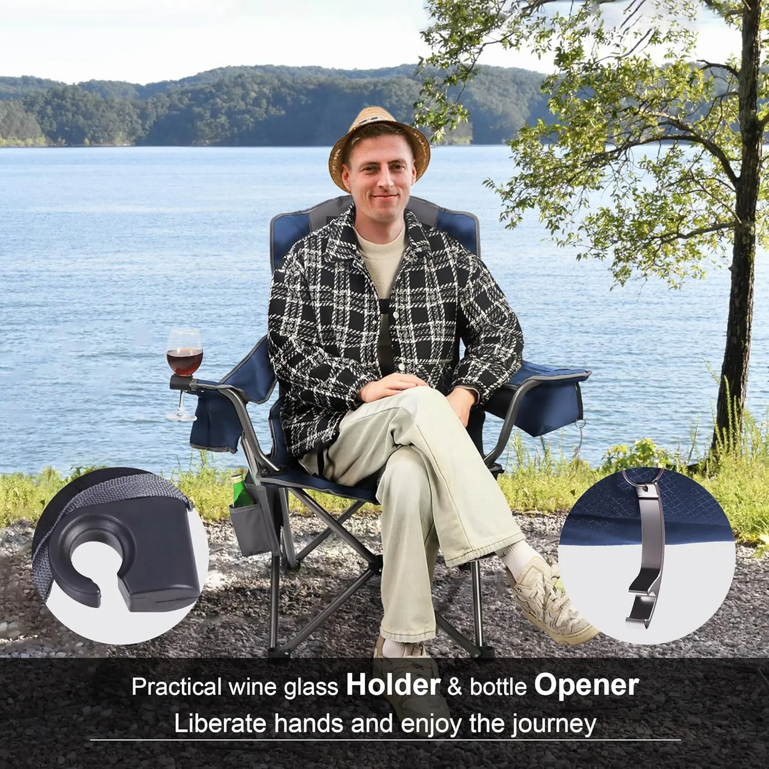 Camping Chairs for Adults,High Back Outdoor Folding Padded Heavy Duty Lawn Chairs w/Cup Holder,Cooler Bag,Wine Glass Holder,Perfect for Adults Beach Trips,Blue