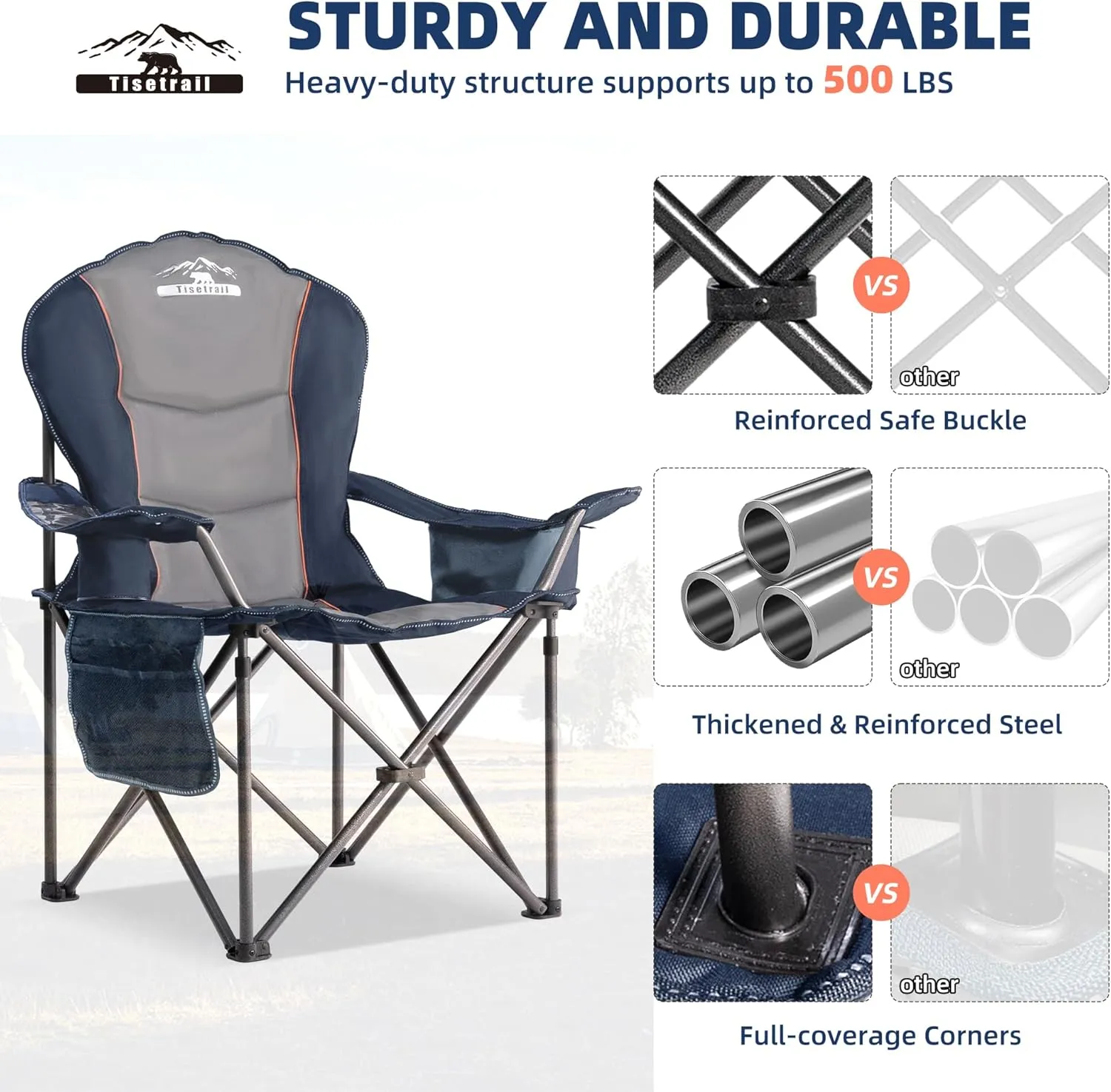 Camping Chairs, Oversized Padded Folding Camping Chair with Lumbar Back, Heavy Duty 500 lb Support Collapsible Chair with Cooler Bag Cup Holder for Outdoor Garden Beach Fishing, 2 Pack, Gry