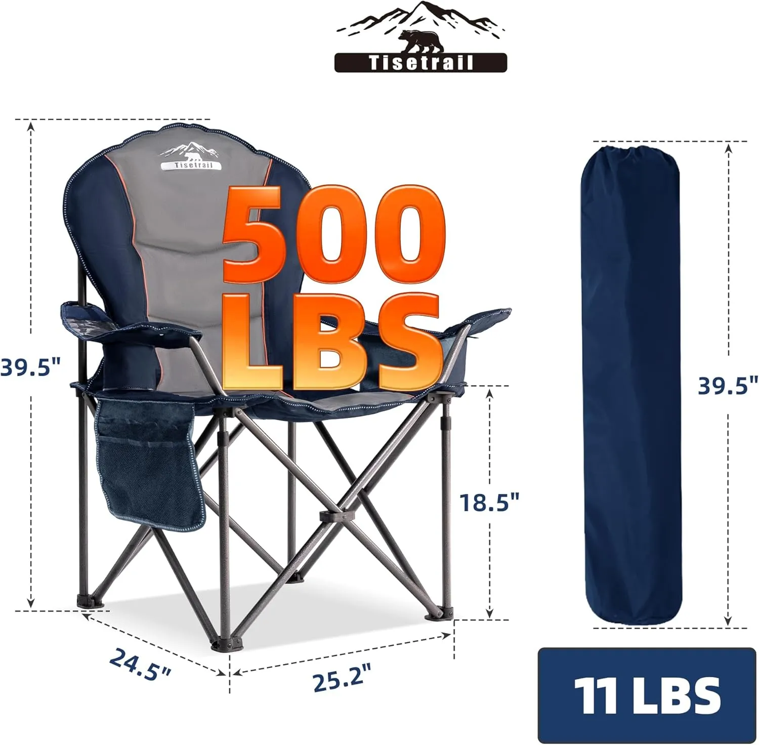Camping Chairs, Oversized Padded Folding Camping Chair with Lumbar Back, Heavy Duty 500 lb Support Collapsible Chair with Cooler Bag Cup Holder for Outdoor Garden Beach Fishing, 2 Pack, Gry