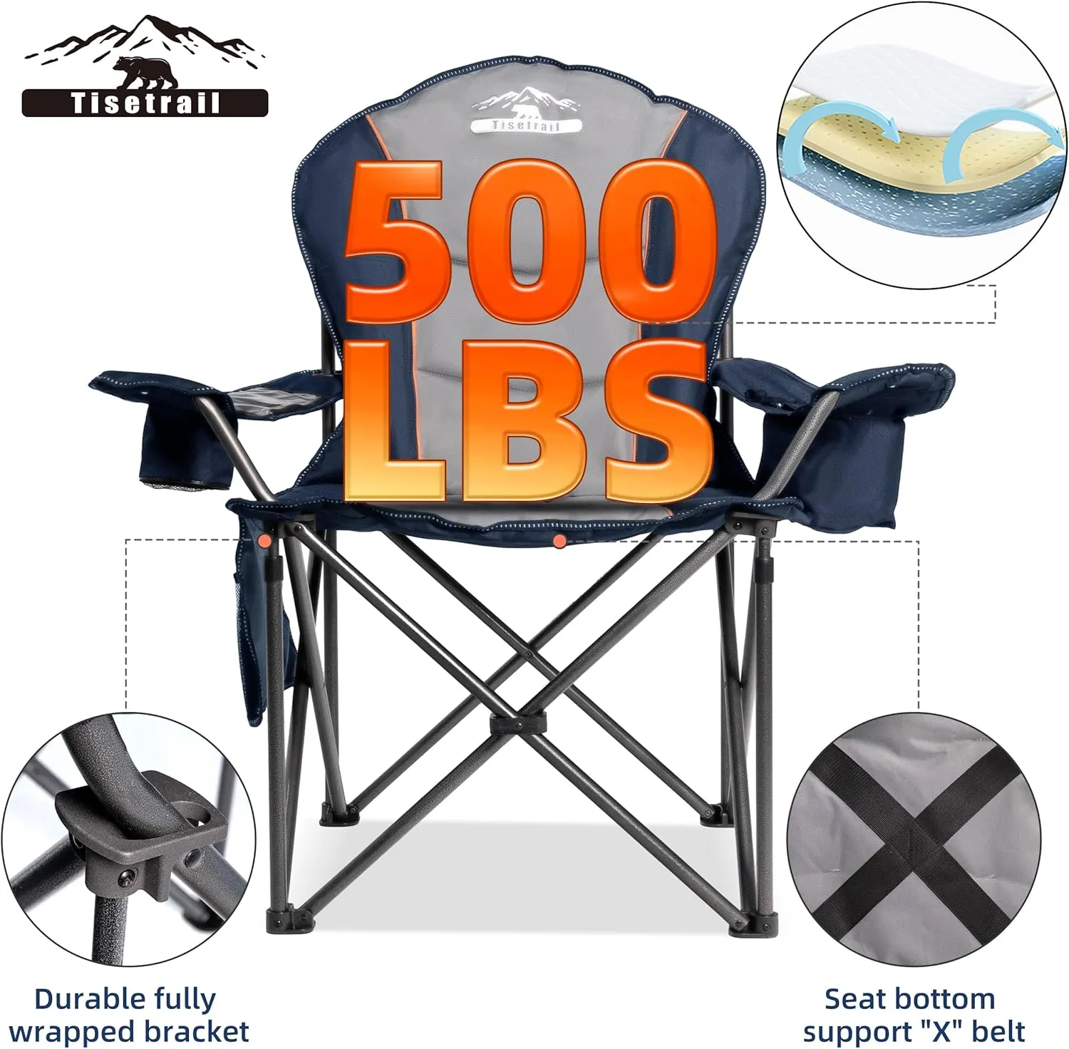 Camping Chairs, Oversized Padded Folding Camping Chair with Lumbar Back, Heavy Duty 500 lb Support Collapsible Chair with Cooler Bag Cup Holder for Outdoor Garden Beach Fishing, 2 Pack, Gry