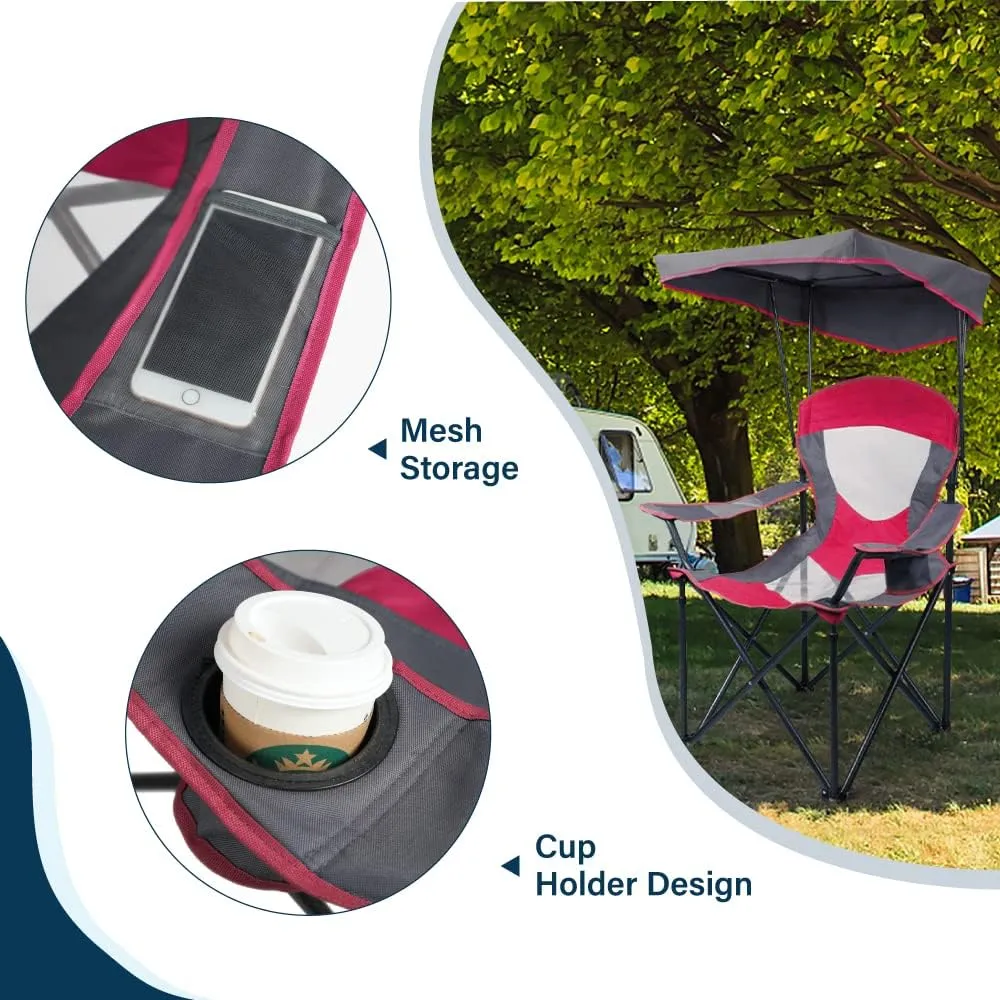 Camping Chairs with Shade, Heavy Duty Canopy Lounge Chair Sunshade Hiking Travel Chair with Cup Holder for Outdoor, Camping, Beach and Patio, Red