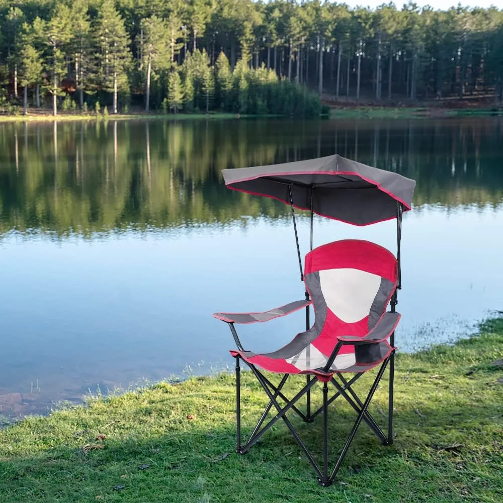 Camping Chairs with Shade, Heavy Duty Canopy Lounge Chair Sunshade Hiking Travel Chair with Cup Holder for Outdoor, Camping, Beach and Patio, Red
