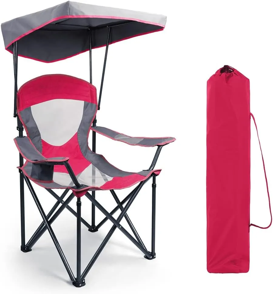 Camping Chairs with Shade, Heavy Duty Canopy Lounge Chair Sunshade Hiking Travel Chair with Cup Holder for Outdoor, Camping, Beach and Patio, Red