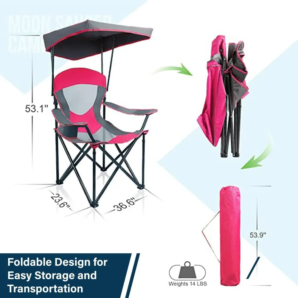 Camping Chairs with Shade, Heavy Duty Canopy Lounge Chair Sunshade Hiking Travel Chair with Cup Holder for Outdoor, Camping, Beach and Patio, Red