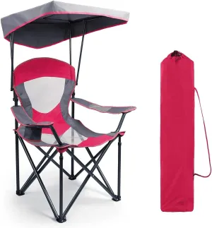 Camping Chairs with Shade, Heavy Duty Canopy Lounge Chair Sunshade Hiking Travel Chair with Cup Holder for Outdoor, Camping, Beach and Patio, Red