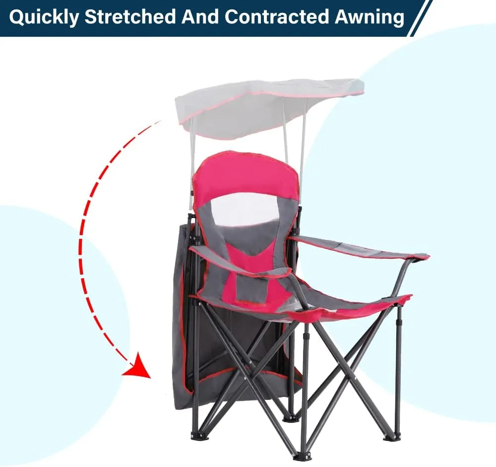 Camping Chairs with Shade, Heavy Duty Canopy Lounge Chair Sunshade Hiking Travel Chair with Cup Holder for Outdoor, Camping, Beach and Patio, Red