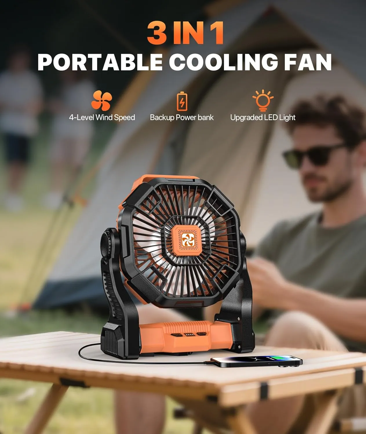 Camping Fan Battery Powered -12000mAh Portable Rechargeable Fans Light, Battery Operated Fan for Camping Hook 4 Speed Quiet Cordless USB Personal Cooling for Desk Home Beach Tent BBQ