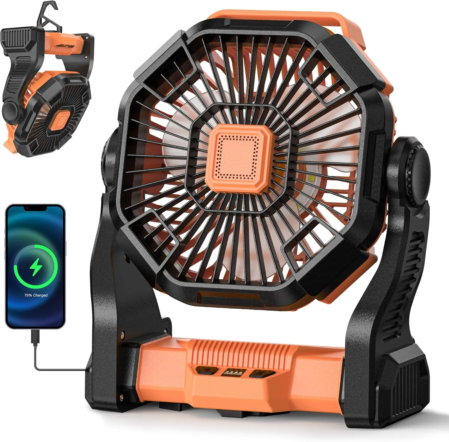 Camping Fan Battery Powered -12000mAh Portable Rechargeable Fans Light, Battery Operated Fan for Camping Hook 4 Speed Quiet Cordless USB Personal Cooling for Desk Home Beach Tent BBQ
