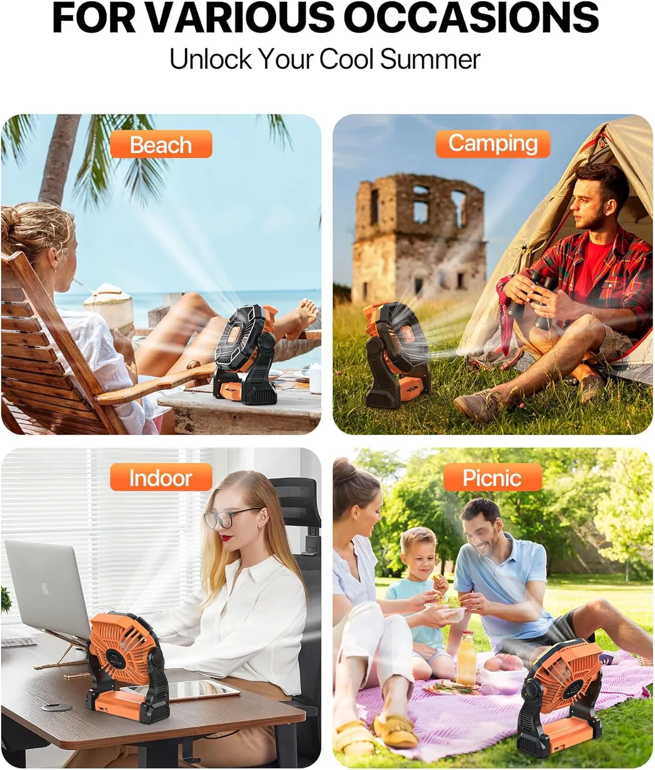 Camping Fan Battery Powered -12000mAh Portable Rechargeable Fans Light, Battery Operated Fan for Camping Hook 4 Speed Quiet Cordless USB Personal Cooling for Desk Home Beach Tent BBQ