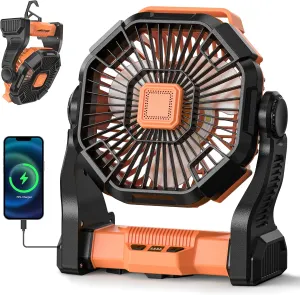 Camping Fan Battery Powered -12000mAh Portable Rechargeable Fans Light, Battery Operated Fan for Camping Hook 4 Speed Quiet Cordless USB Personal Cooling for Desk Home Beach Tent BBQ
