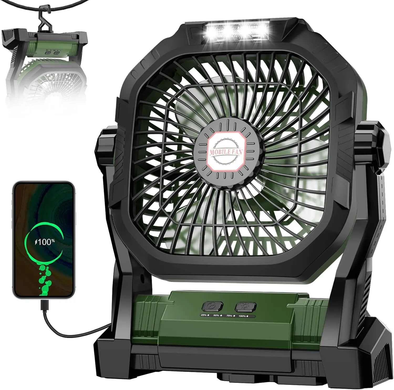 Camping Fan Rechargeable, 20000mAh Battery Powered Portable Fan with LED Light, 4-Speed 180° Adjustable, Camping Essentials for Tent, Travel, Car, Outdoor, Indoor, BBQ, Fishing, Jobsite - Green