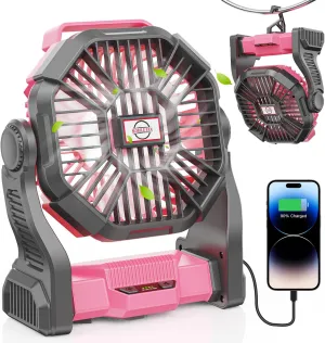 Camping Fan with LED Lantern, 20000mAh Portable Rechargeable Battery Powered Table Fan with Hook, Camping Gear for Picnic, Fishing, Car or Hurricane Power Outages (Pink)