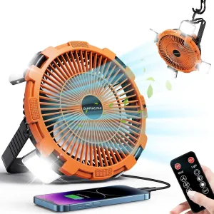 Camping Fan with LED Lantern, 8000mAh Rechargeable Battery Powered Camping Fan with Remote & Hook,4 Speeds,USB-C Charging Outdoor Tent Fans for Home,Travel,BBQ,Fishing,Sleep,Emergency (Orange)