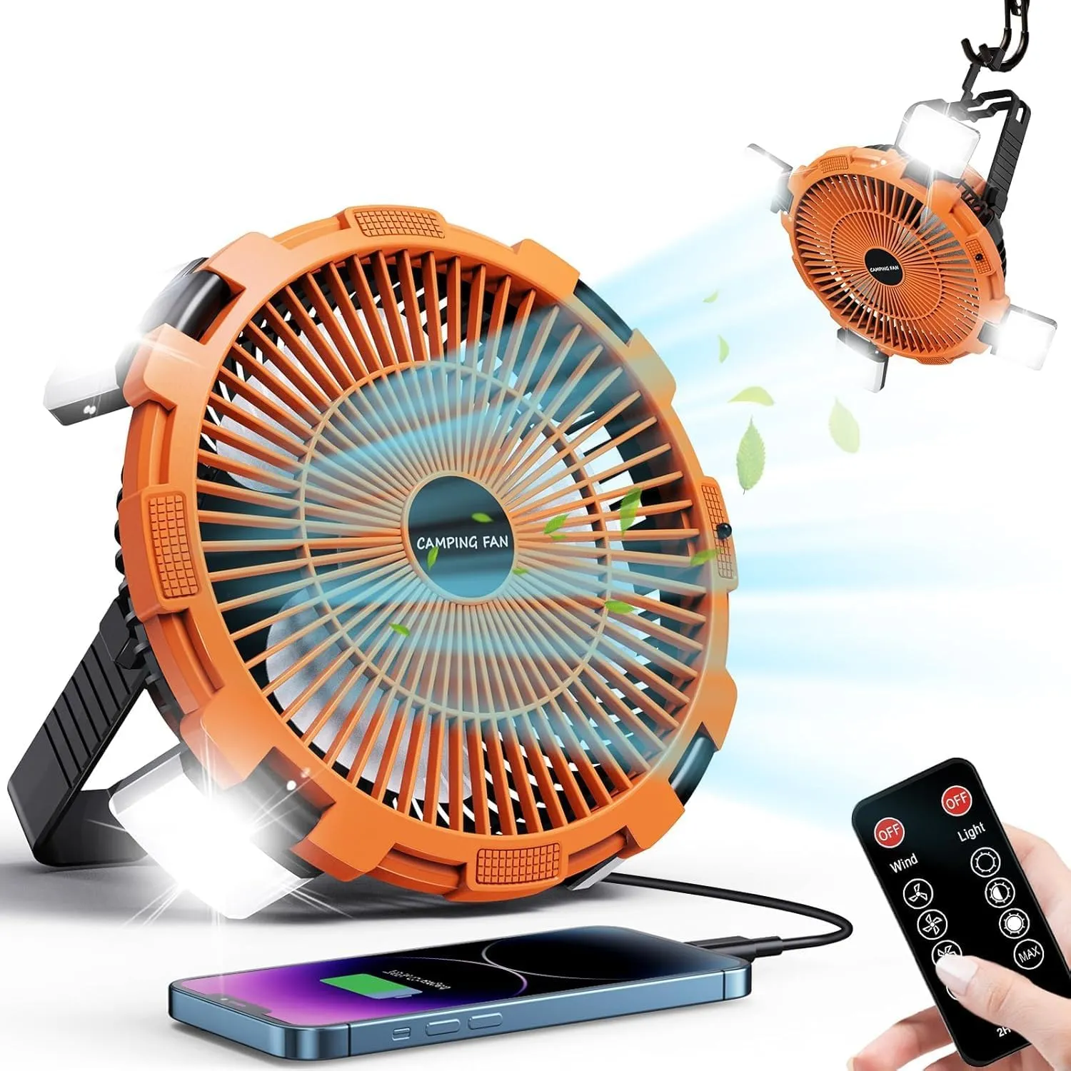 Camping Fan with LED Lantern, 8000mAh Rechargeable Battery Powered Camping Fan with Remote & Hook,4 Speeds,USB-C Charging Outdoor Tent Fans for Home,Travel,BBQ,Fishing,Sleep,Emergency (Orange)