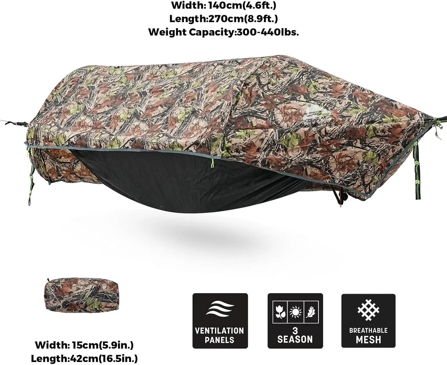 Camping Hammock Tent with Mosquito Net & RainFly, 3 in 1 Waterproof Lightweight Portable Sleeping Hammock Bug, Travel Outdoor Gear with Tree Strap Swing, for Hiking Patio Expedition