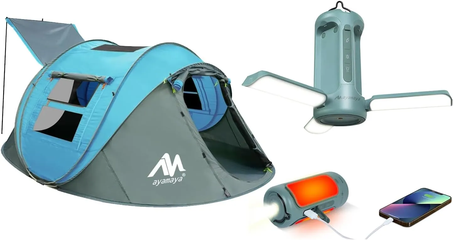 Camping Light   Tent, 10000mAh Rechargeable Lantern with 5 Modes Lighting, Blue 4 Person Pop Up Tent with Skylight foe Outdoor Camping
