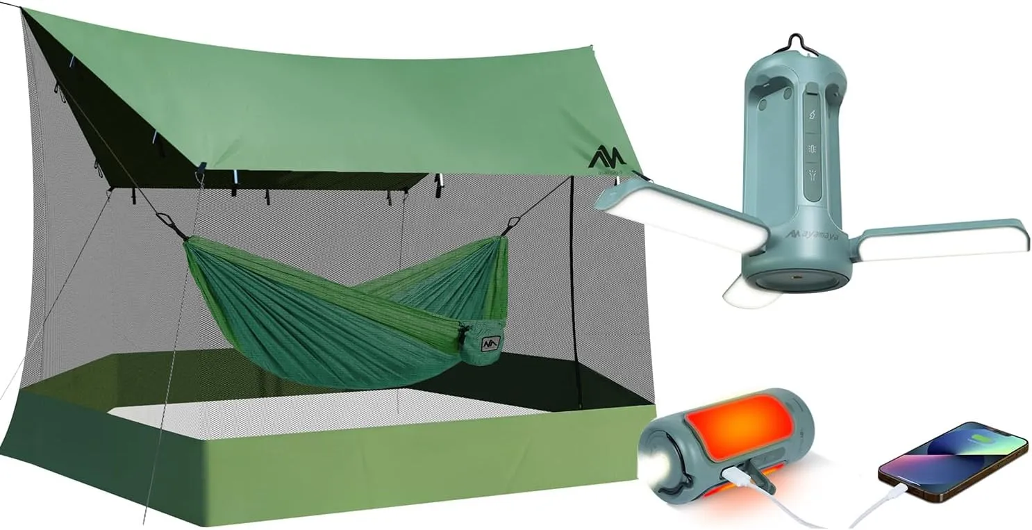 Camping Lights   Tarp, Rechargeable 10000mAh LED Lantern with 5 Modes, 18x11 FT Screen House with Mosquito Net for Picnic