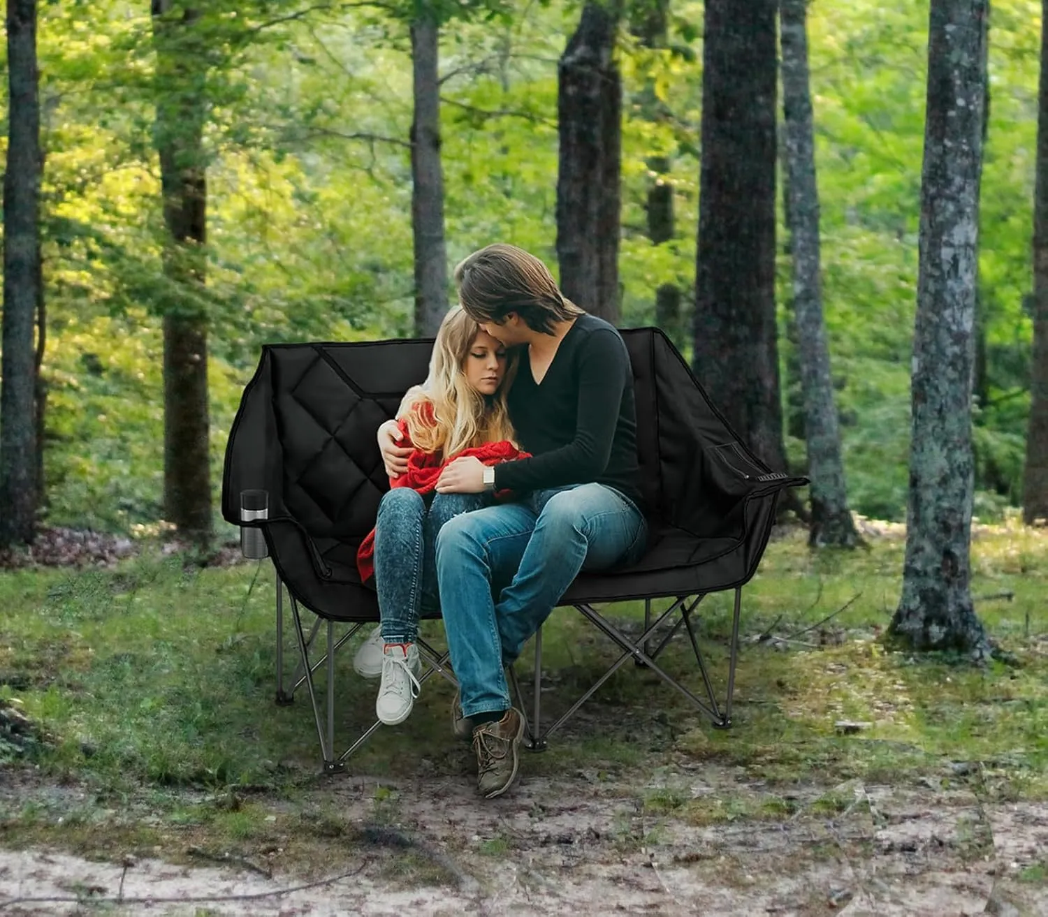 Camping Oversized Folding Chair, Fully Padded Loveseat for 2 Person Portable Double Seater Camp Beach Arm Chair with Cup Holder and Cooler Pouch Camping Couch with Carry Bag（B）