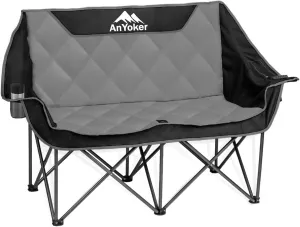 Camping Oversized Folding Chair, Fully Padded Loveseat for 2 Person Portable Double Seater Camp Beach Arm Chair with Cup Holder and Cooler Pouch Camping Couch with Carry Bag（B）