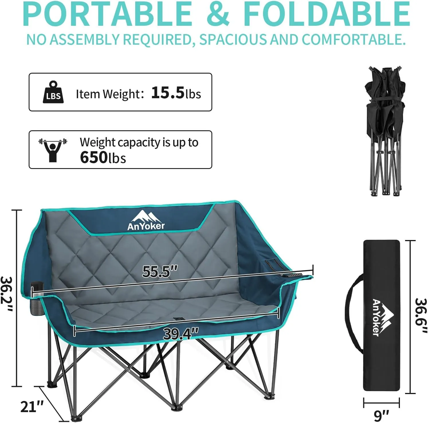 Camping Oversized Folding Chair, Fully Padded Loveseat for 2 Person Portable Double Seater Camp Beach Arm Chair with Cup Holder and Cooler Pouch Camping Couch with Carry Bag（B）