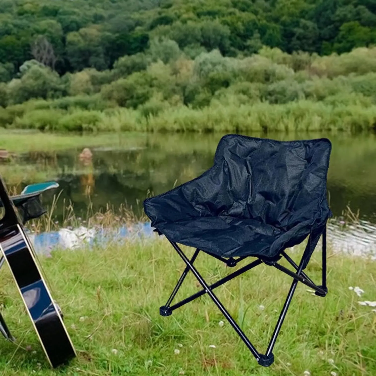 Camping Padded Chair Moon Chair Accessories Back Support Stool Lazy Sofa Folded Seat Padded Cushion for Garden Picnic Adults, Black