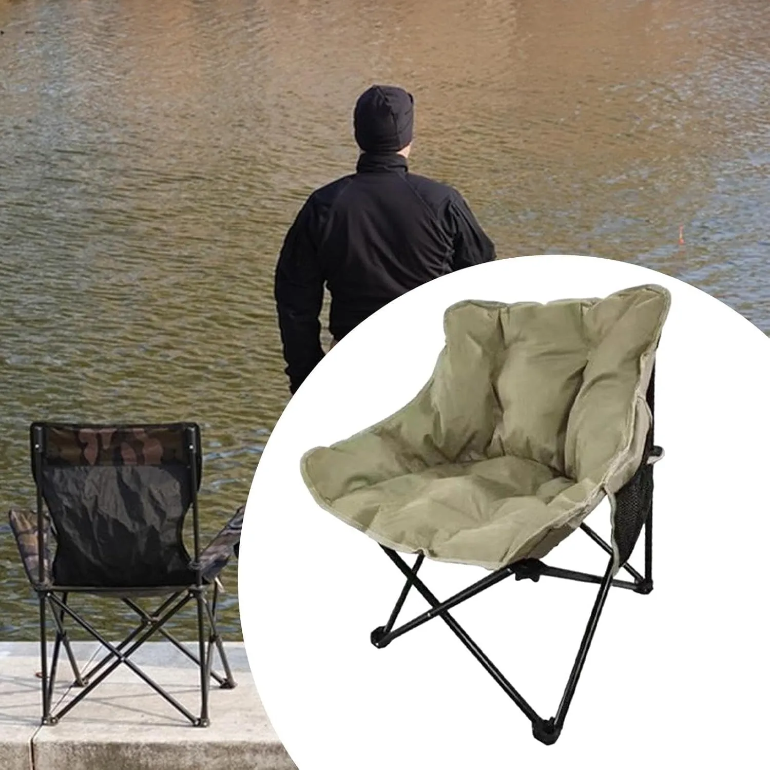 Camping Padded Chair Padded Cushion Lazy Sofa Portable Fishing Lounge Chair Foldable Seat for Patio Outdoor Sports Adults Foldable Outdoor seat for Camping Ergonomic Camp seat Canvas Camping
