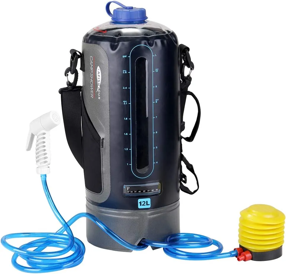 Camping Shower Pressure Shower 12L Portable Shower for Camping Pressure Foot Pump and Nozzle Solar Camping Shower Bag with Foot Pump and Sprayer Solar Camp Shower Kit