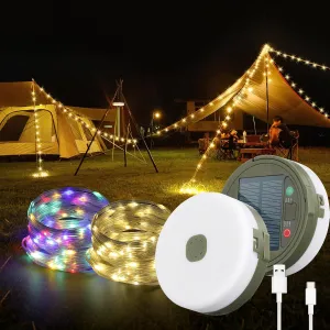 Camping String Lights, 32.8Ft Solar Camping Lights, Portable Waterproof Camp Lamp with 13 Lighting Modes, Hanging Rechargeable Tent Lantern for Outdoor, Indoor, Hiking, Yard, Party Decor