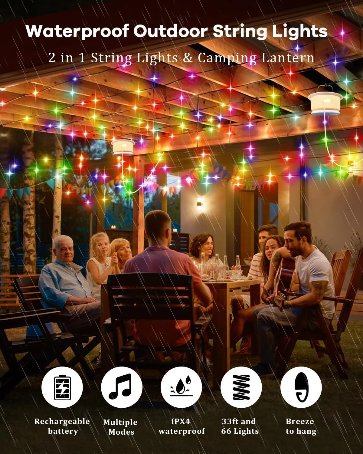 Camping String Lights – 33FT RGB Retractable Light with 19 Lighting Modes, Quick 20s Recovery, Waterproof, 3-in-1 Quick Storage, Rechargeable Tent Lights for Camping, Hiking, Yard, Travel,Holiday Gift