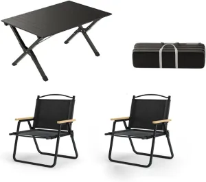Camping Table and Chairs, 3Pcs Picnic Table with Aluminum Roll-up Backpacking Table and Lawn Chair Portable Folding Furniture for Indoor Outdoor