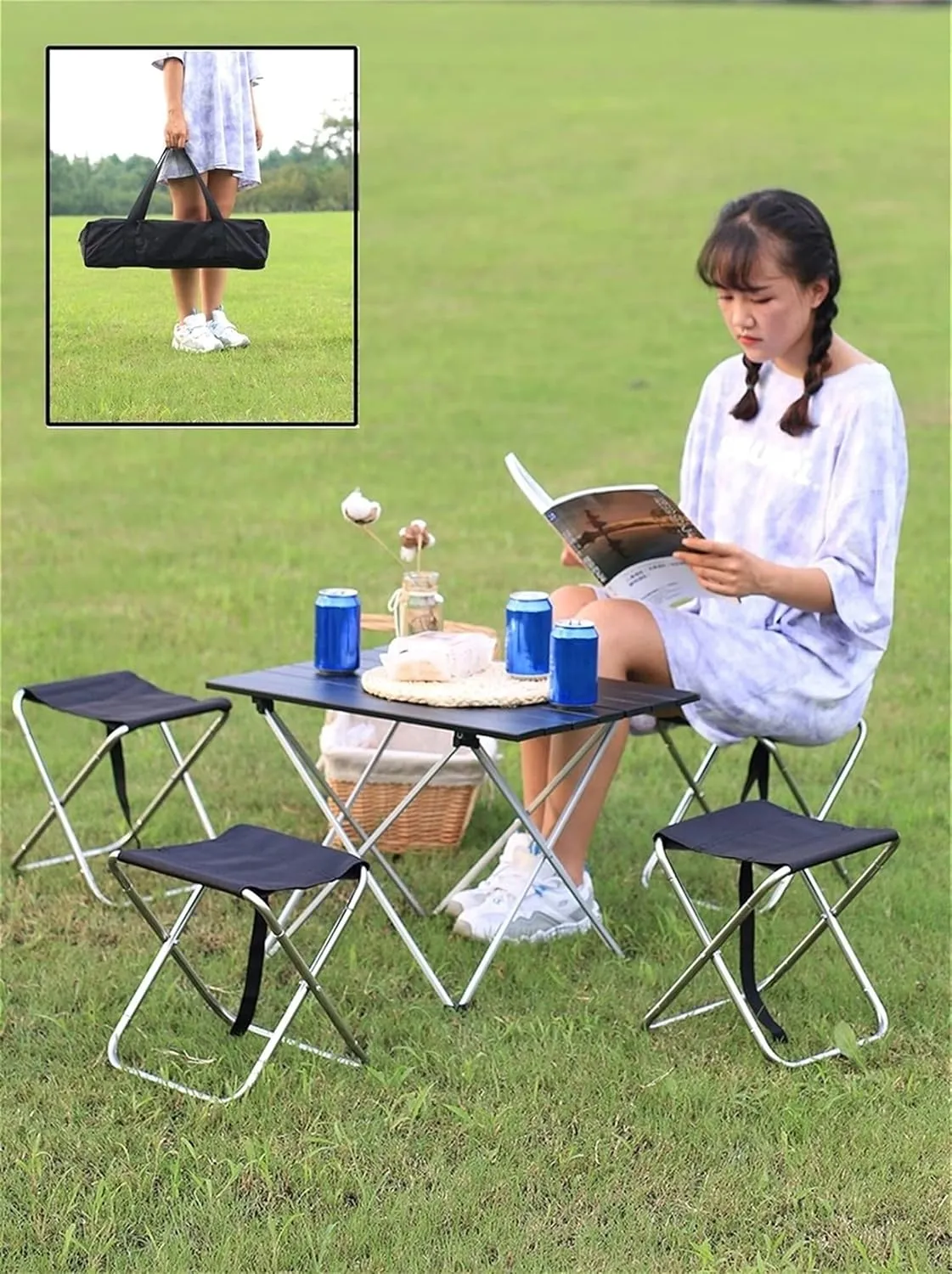 Camping Table Chairs 7-Piece Outdoor Set, Portable Aluminum Camping Picnic Table, Car Ultra-Light Small Square Table, 56x40x40cm