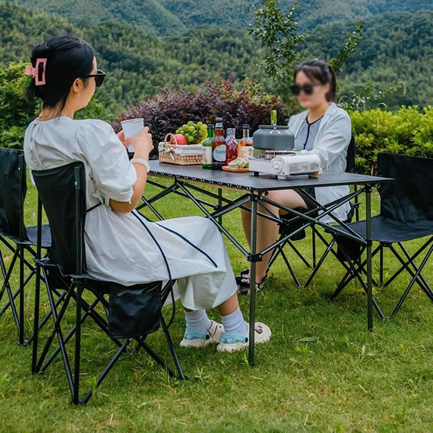 Camping Tables for Outdoor Camp BBQ Fishing with Aluminum Roll up Table Top,Portable Lightweight Table and Chairs Set