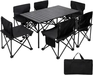 Camping Tables for Outdoor Camp BBQ Fishing with Aluminum Roll up Table Top,Portable Lightweight Table and Chairs Set