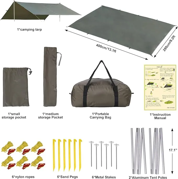 Camping Tarp, 13X9FT Hammock Tent - Waterproof and Anti-UV Protection, Portable and Lightweight, Including Tent Stakes and Carry Bag