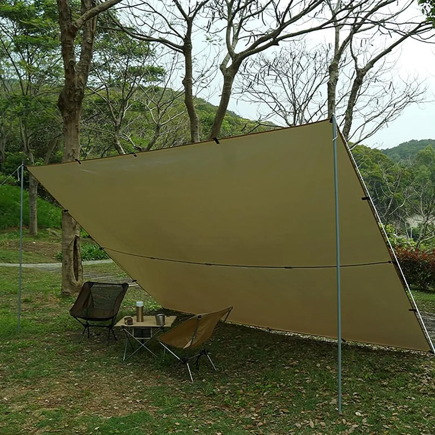 Camping Tarp Beige, Outdoor Awning Canopy, Ultralight Camping Shelter, Camping Hammock Rain Fly, Portable Waterproof Sunshade for Hiking Backpacking