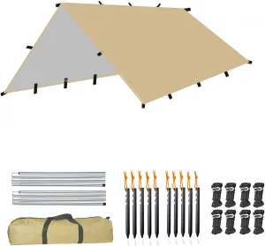 Camping Tarp Beige, Outdoor Awning Canopy, Ultralight Camping Shelter, Camping Hammock Rain Fly, Portable Waterproof Sunshade for Hiking Backpacking