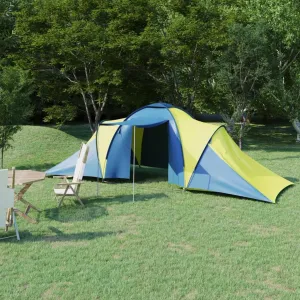 Camping Tent for 6 People, Breathable Fabric and Fiberglass Construction, Easy Setup with Mosquito Net, Blue and Yellow