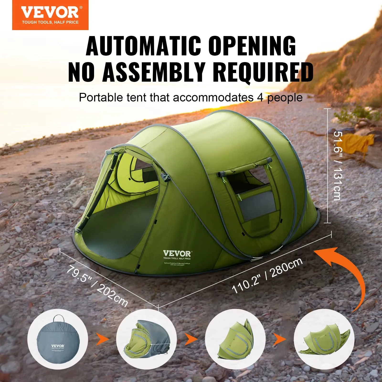 Camping Tent Pop up Tent for 4 Person Easy Setup Waterproof Backpacking Tent with Door & Window for Outdoor Family Camping