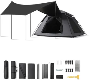 Camping Tent with Canopy Tarp Large Multifunctional Automatic Outdoor Camping Tent Portable Instant Pop-up Family Tent Windproof Sunproof with Moisture-Proof Mat