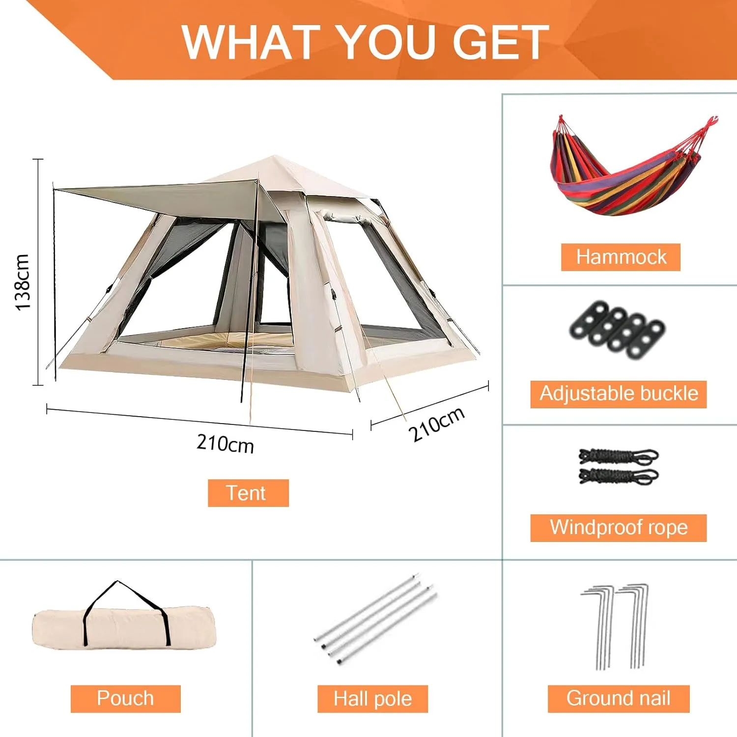 Camping Tents with Hammock for 3 to 4 Persons, Lightweight Family Tent with Mesh Windows Waterproof Easy Tents Instant Pop-Up Tents 60s Easy Setup Tent for Adults Kids Hiking Music Festival